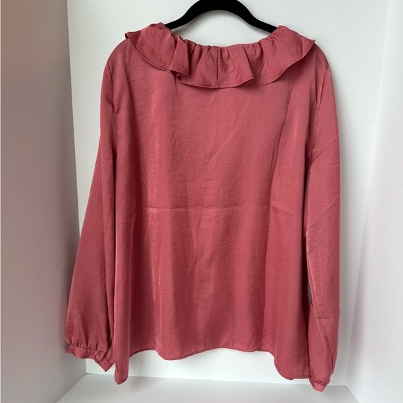 Ann Taylor Satin Ruffled V Neck Poets Blouse Dusty Pink Desert Rose Long Sleeve - Picture 2 of 6